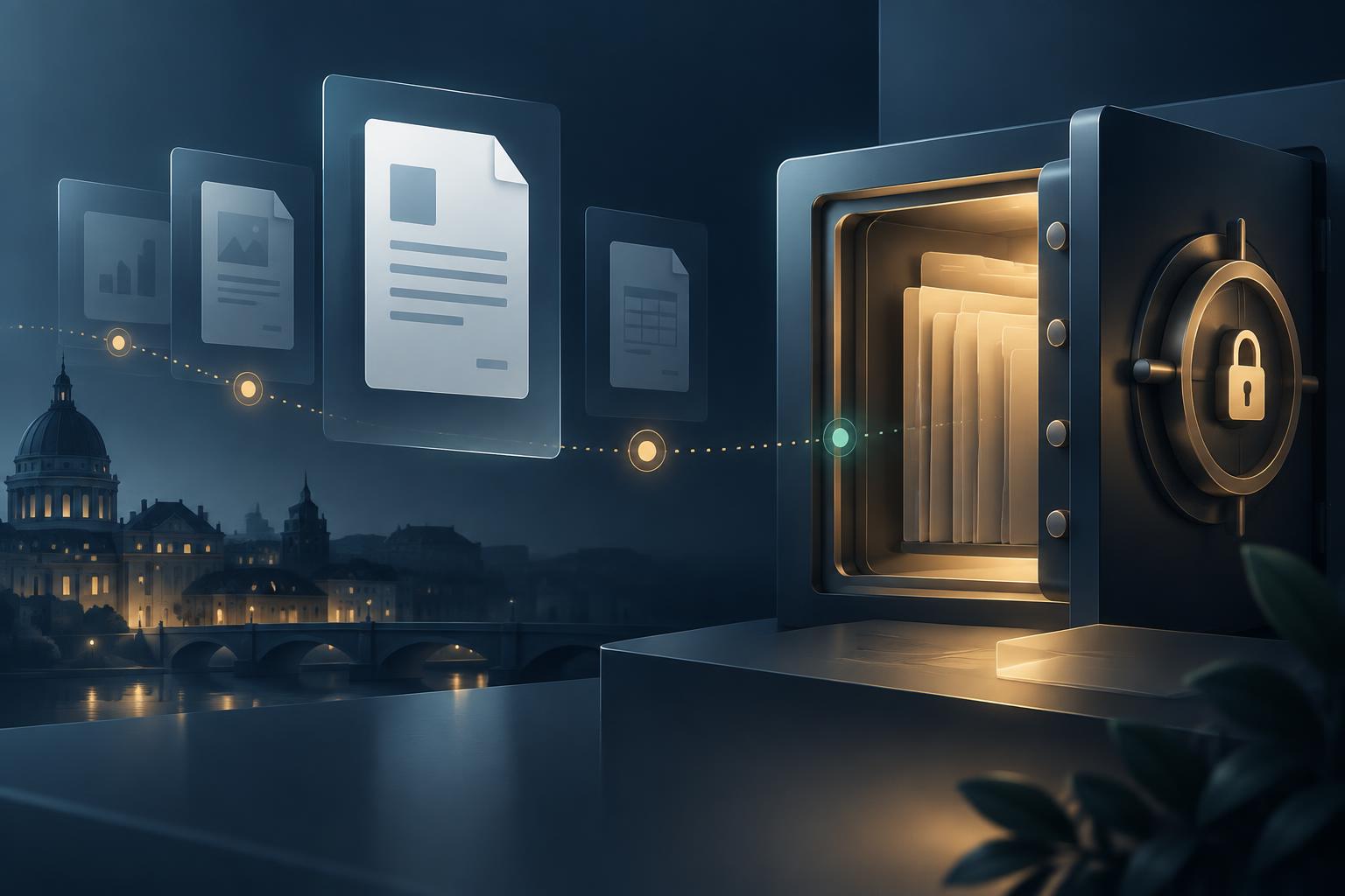 Coffre-fort numérique entouré de documents administratifs